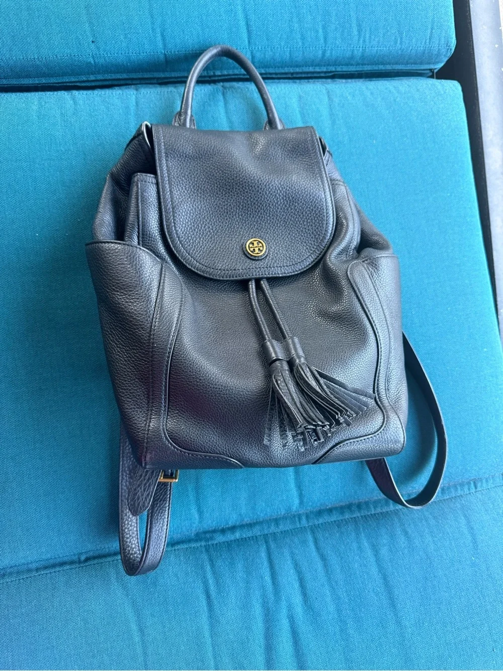 Tory Burch Black Pebbled Leather Drawstring Backpack with Tassels